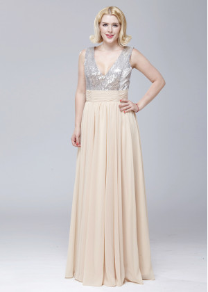 V Neck Sliver Sequin Champagne Chiffon Maxi Bridesmaid Dress